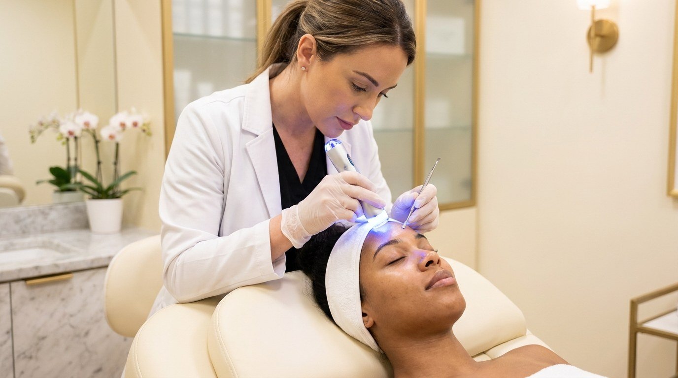 Esthetician performing a medical-grade acne treatment on a client's face at American Laser Plus in Dearborn Heights