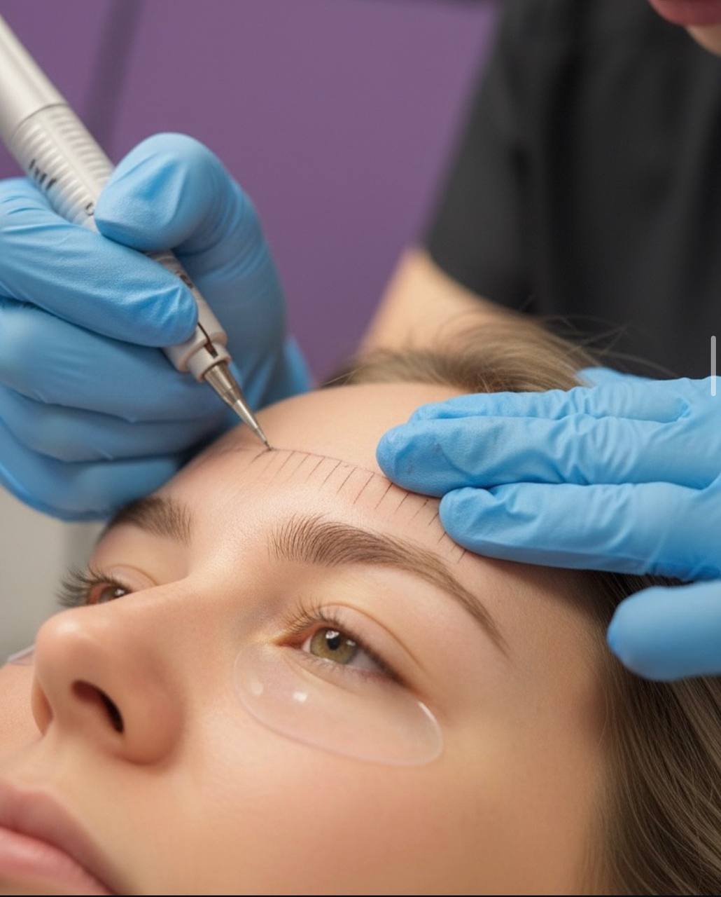 Close-up microblading eyebrow procedure at American Laser Plus med spa Dearborn Heights Michigan