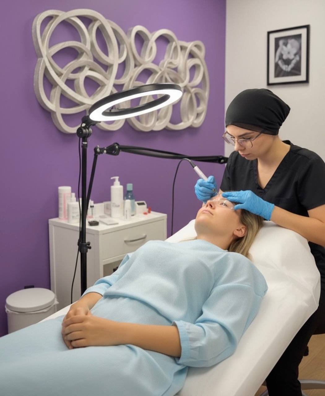 Laser skin treatment on client with ring light magnifier — American Laser Plus women-only studio