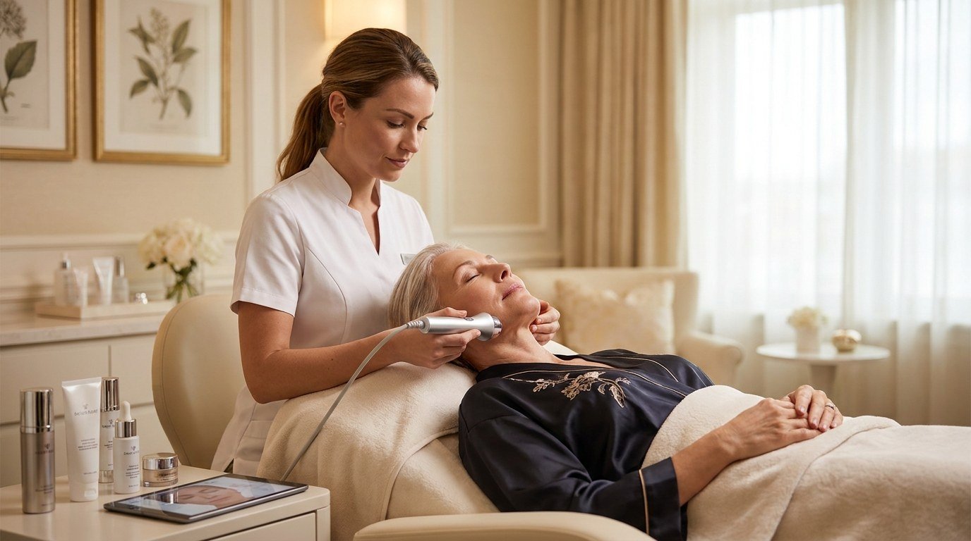 Esthetician performing an anti-aging skin-tightening treatment on a client's jawline at American Laser Plus in Dearborn Heights