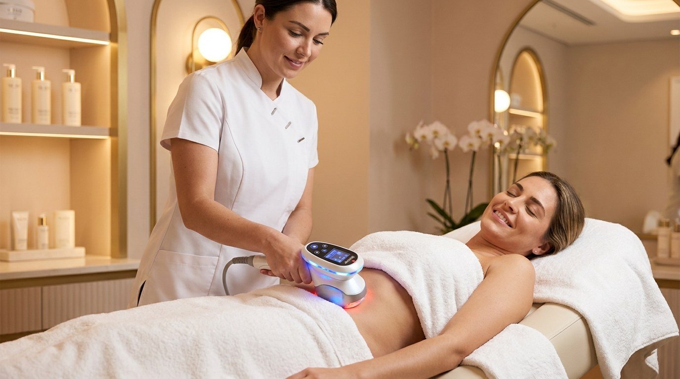 Esthetician performing a non-invasive body contouring treatment on a client's abdomen at American Laser Plus in Dearborn Heights