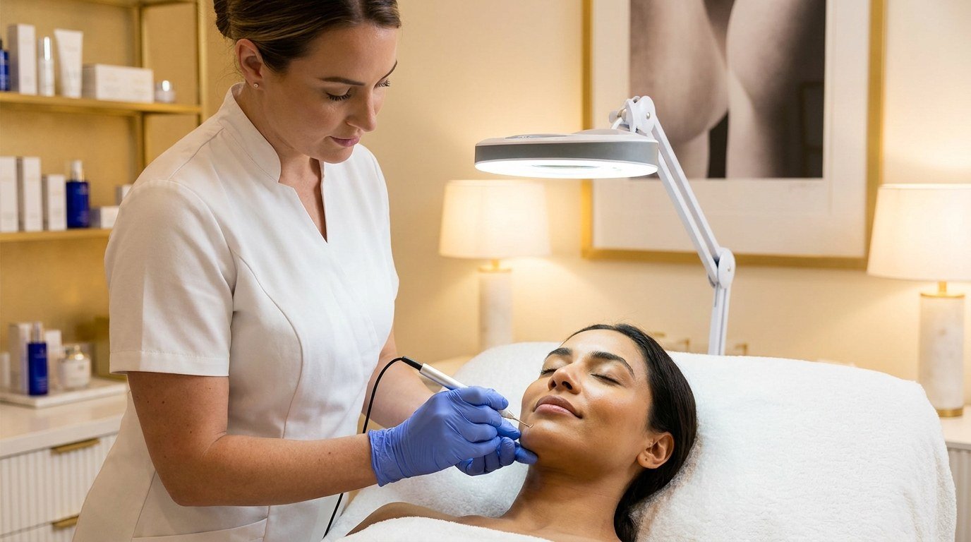 Esthetician performing electrolysis hair removal treatment on a client's chin at American Laser Plus in Dearborn Heights
