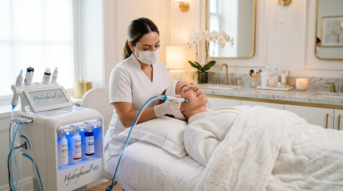 Esthetician performing HydraFacial treatment on client at American Laser Plus med spa Dearborn Heights
