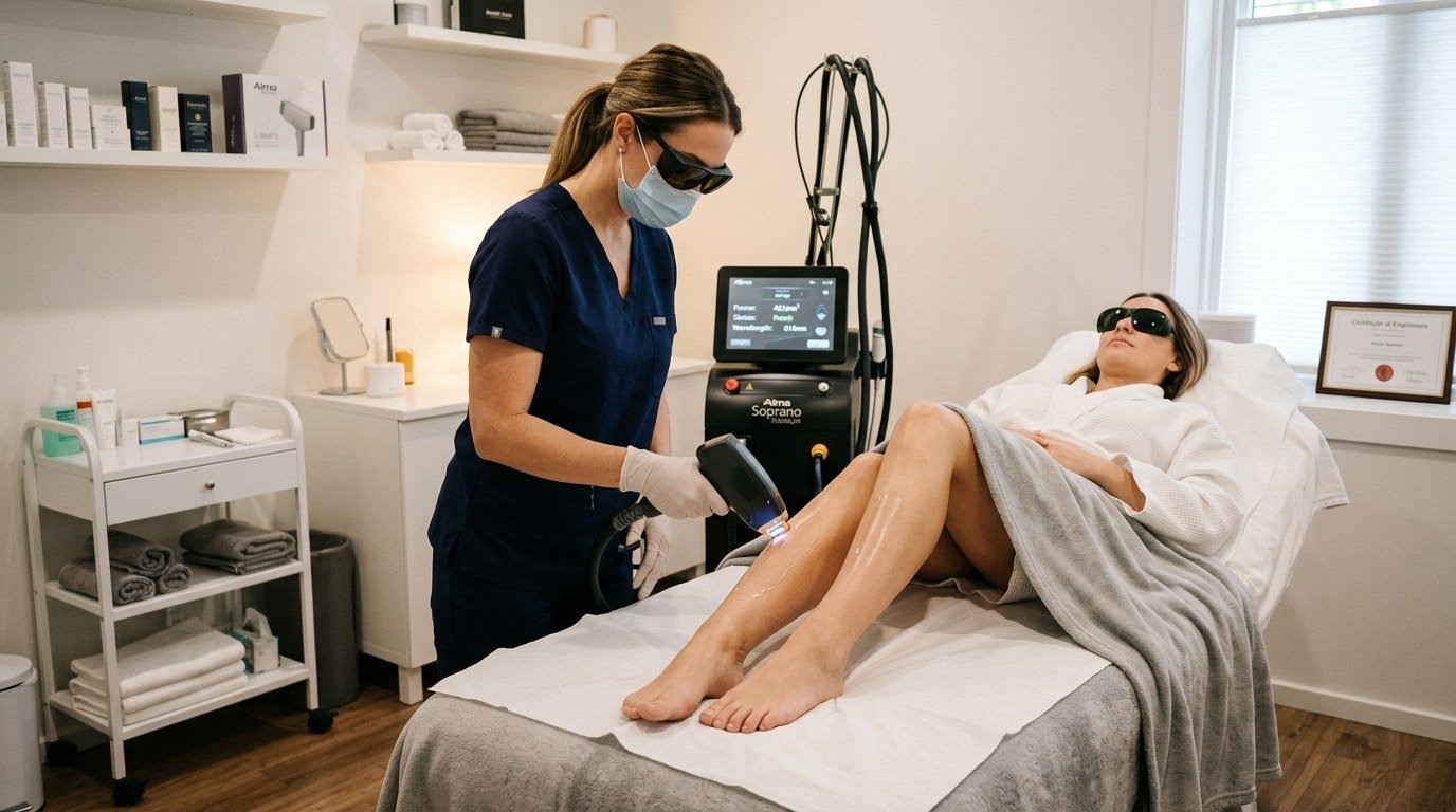 Certified laser technician performing laser hair removal on legs at American Laser Plus Dearborn Heights MI