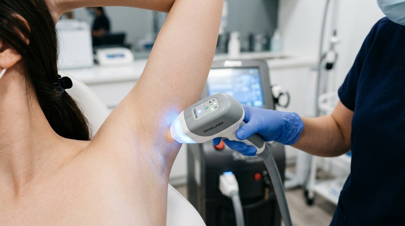 Diode laser hair removal treatment on underarm — safe for all skin tones