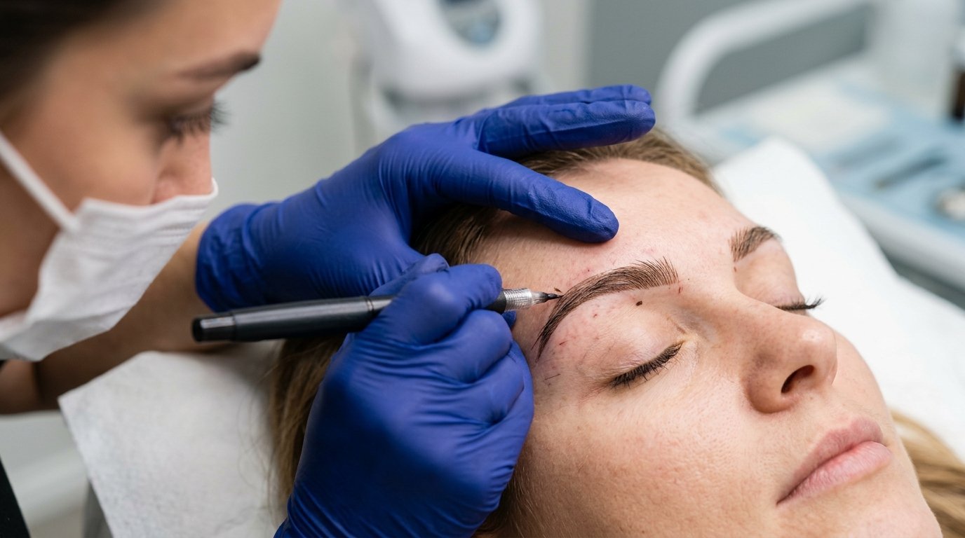 Close-up of a microblading eyebrow procedure performed by an American Laser Plus technician
