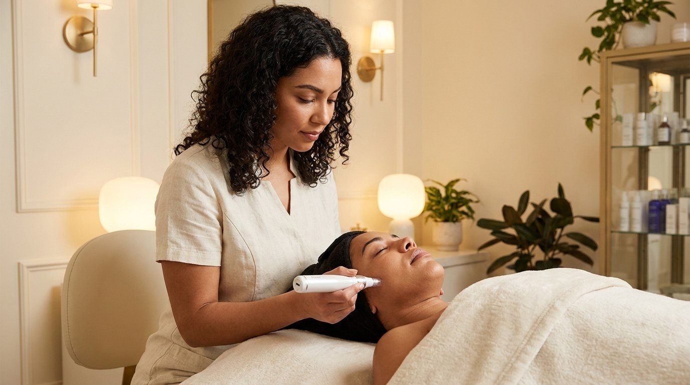 Esthetician performing a microneedling treatment on a client's cheek at American Laser Plus in Dearborn Heights