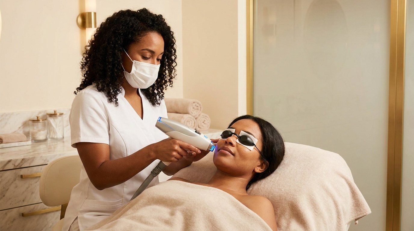 Esthetician performing a laser skin resurfacing treatment on a client's face at American Laser Plus in Dearborn Heights