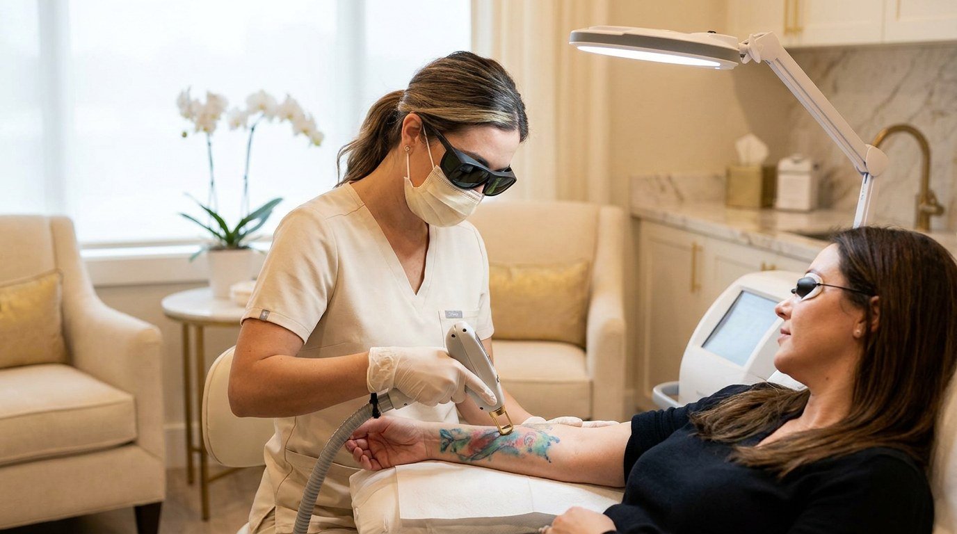 Laser technician performing tattoo removal treatment on a client's forearm at American Laser Plus in Dearborn Heights