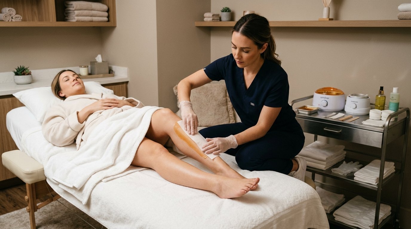 Relaxed client receiving a full leg waxing treatment at American Laser Plus